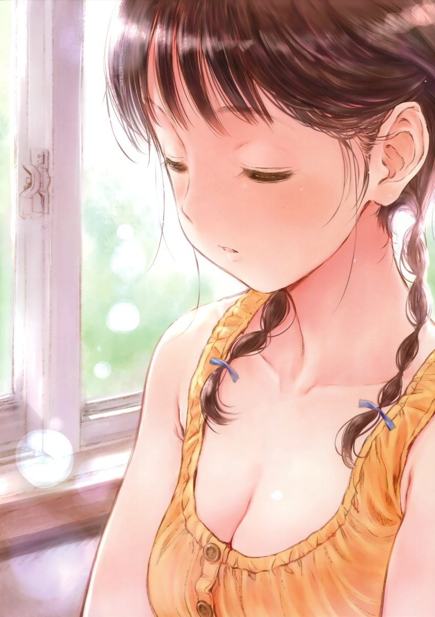 absurdres braid breasts brown_hair buttons cleavage closed_eyes fujita_hidetoshi hair_ribbon highres lens_flare medium_breasts open_mouth ribbon shirt solo twin_braids twintails upper_body window yellow_shirt