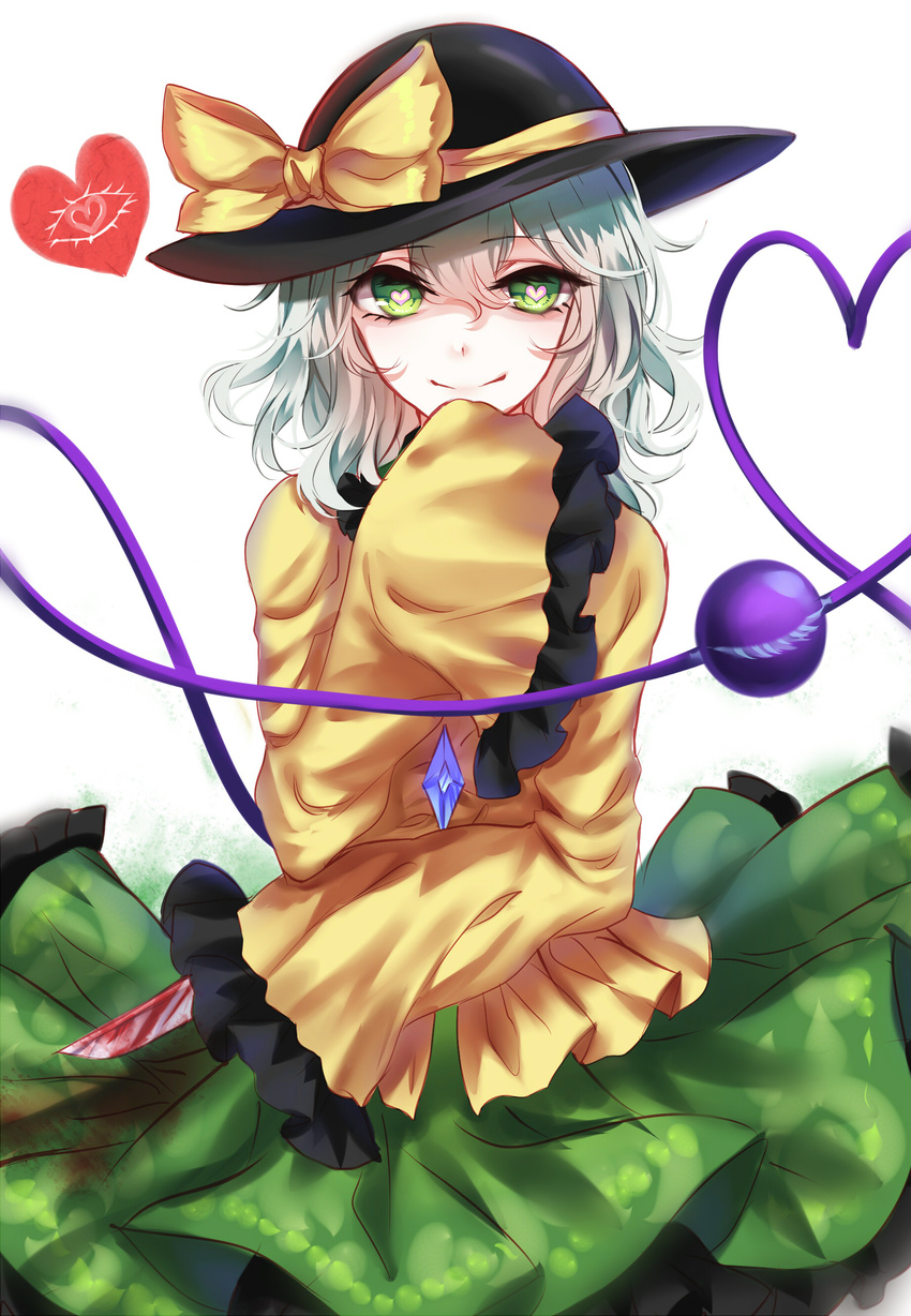 absurdres bad_id bad_pixiv_id blood bloody_clothes bloody_knife blouse bow collar diamond_(shape) frilled_shirt_collar frilled_skirt frilled_sleeves frills green_eyes green_skirt hand_up hat hat_bow heart heart-shaped_pupils heart_of_string highres holding holding_knife knife komeiji_koishi sheya short_hair silver_hair simple_background skirt sleeves_past_wrists smile solo symbol-shaped_pupils third_eye touhou white_background wide_sleeves