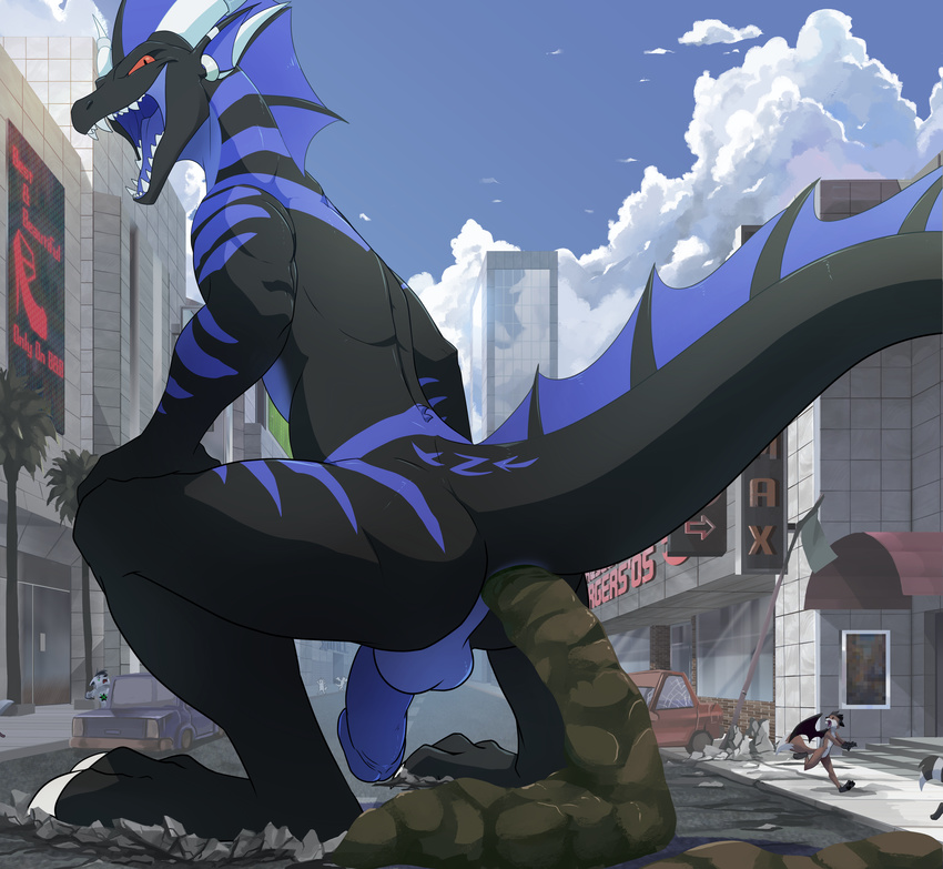 2016 anthro anus balls blitzdrachin city claws detailed_background dragon fangs feces hi_res macro male penis pooping scat wrath