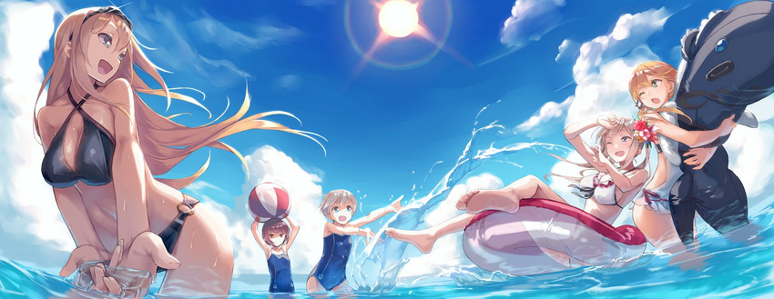 :d ;d ;o armpits arms_up ball bare_arms bare_shoulders barefoot beachball bikini bismarck_(kantai_collection) black_bikini black_ribbon blonde_hair blue_eyes blue_sky blue_swimsuit breasts brown_eyes brown_hair casual_one-piece_swimsuit cloud cowboy_shot criss-cross_halter day floating_hair flower glint goggles goggles_on_head graf_zeppelin_(kantai_collection) green_eyes hair_flower hair_ornament hair_ribbon halter_top halterneck highres holding holding_ball horizon ichikei inflatable_dolphin inflatable_toy innertube kantai_collection large_breasts light_rays long_hair low_twintails multiple_girls o-ring o-ring_bottom o-ring_top ocean one-piece_swimsuit one_eye_closed open_mouth outdoors outstretched_arms prinz_eugen_(kantai_collection) red_flower ribbon short_hair sideboob sidelocks silver_hair sitting sky small_breasts smile soles splashing summer swimsuit thighs toes transparent twintails very_long_hair wading water white_bikini white_swimsuit wind z1_leberecht_maass_(kantai_collection) z3_max_schultz_(kantai_collection)