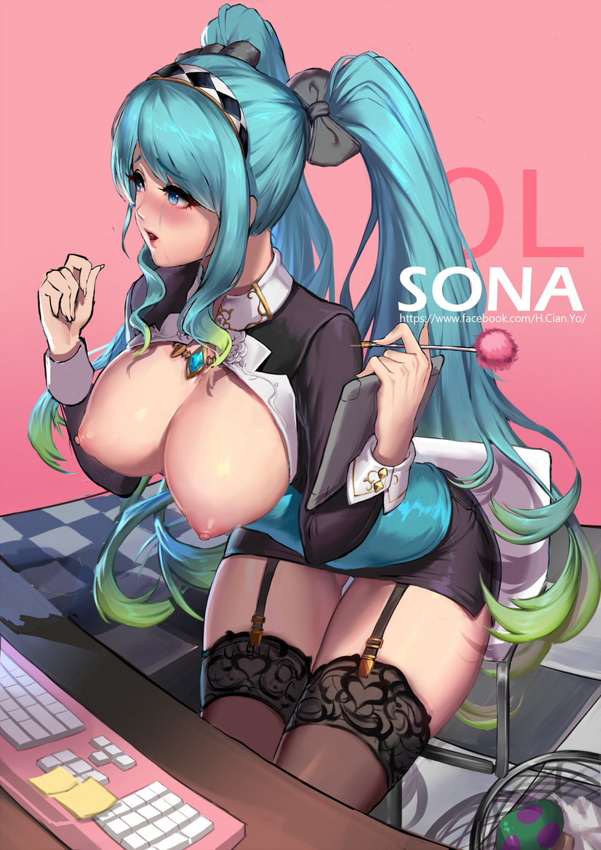 aqua_hair arm_support artist_name bangs black_bow black_jacket black_legwear black_skirt blue_eyes blush bow breasts breasts_outside chair character_name checkered checkered_floor cian_yo cleavage cowboy_shot cropped_jacket crystal diamond_(shape) eyebrows eyebrows_visible_through_hair eyelashes fur_trim garter_straps glint gradient_hair green_hair hair_bow hairband hand_up heart highres holding jacket keyboard_(computer) lace lace-trimmed_thighhighs large_breasts league_of_legends leaning_forward lens_flare long_hair long_sleeves looking_away mimikaki miniskirt multicolored_hair mushroom nipples note open_mouth parted_lips pencil_skirt pink_background pink_lips poison_mushroom shiny shiny_skin sidelocks skirt solo sona_buvelle table tablet thigh_gap thighhighs twintails very_long_hair watermark web_address