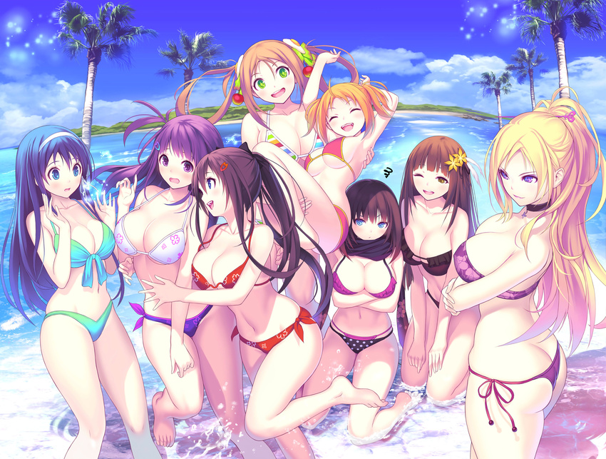 6+girls :d ;d ^_^ absurdres armpits arms_up ass bangs banned_artist bare_legs barefoot beach bikini black_scarf blonde_hair blue_eyes blue_hair blunt_bangs breasts brown_eyes brown_hair choker cleavage closed_eyes crossed_arms day echigoya_(valkyrie_drive) flower front-tie_bikini front-tie_top green_bikini green_eyes hair_flower hair_ornament hairband hairclip highres inagawa_mana kagurazaka_ranka kagurazaka_rinka kneeling kuzuryuu_momo large_breasts mana_kakkowarai manpukumaru_chang multi-strapped_bikini multicolored multicolored_bikini multicolored_clothes multiple_girls navel one_eye_closed open_mouth orange_hair outdoors pink_bikini ponytail purple_bikini purple_eyes purple_hair scan scarf side-tie_bikini smile standing standing_on_one_leg strap_gap string_bikini striped striped_bikini swimsuit tsukikage_koharu twintails valkyrie_drive valkyrie_drive_-bhikkhuni- viola_(valkyrie_drive)