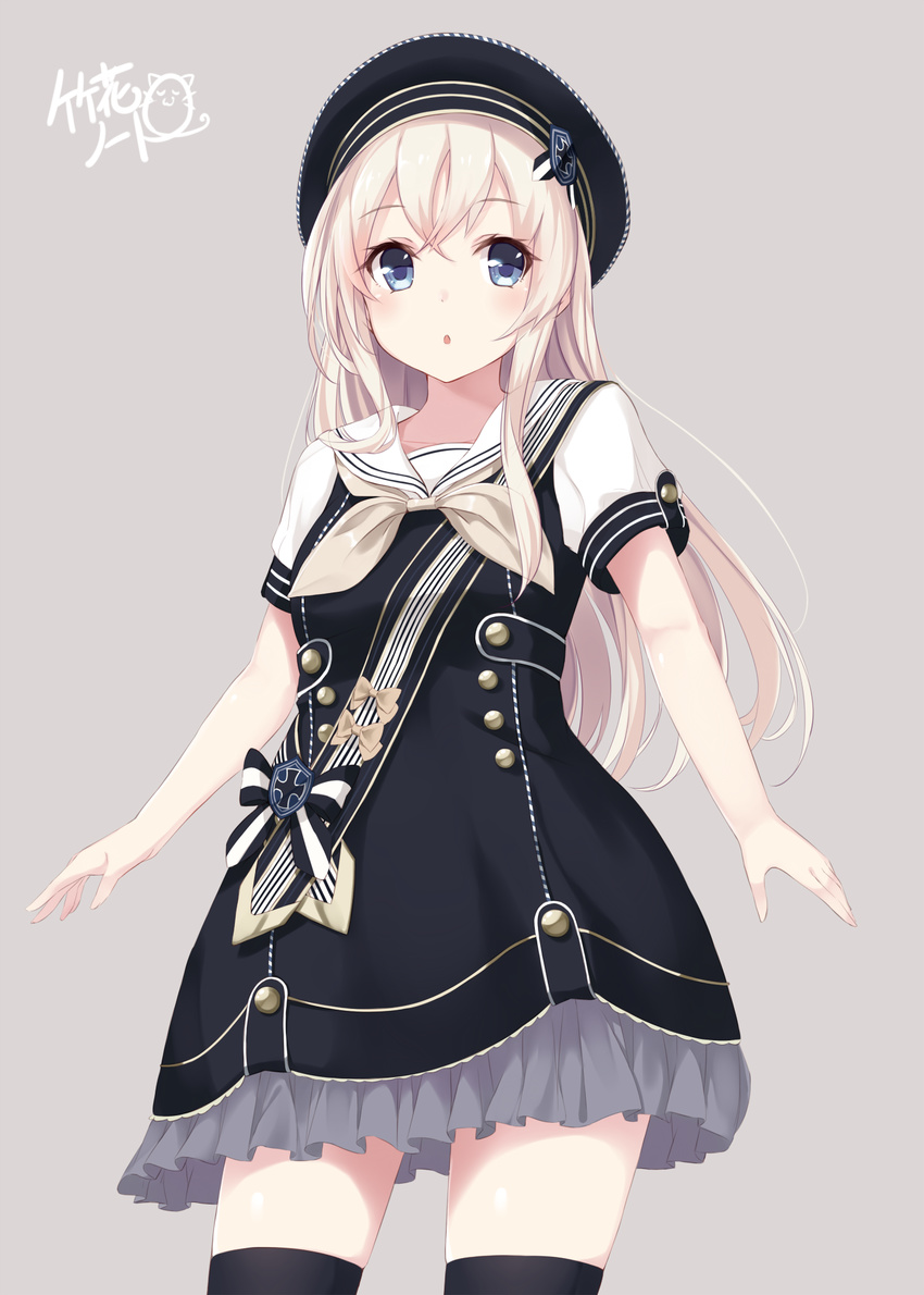 adapted_costume akademie_der_meeresbrise alternate_costume artist_name bad_id bad_pixiv_id black_legwear blonde_hair blue_eyes blush chestnut_mouth cosplay dress hat highres iron_cross kantai_collection long_hair lost_tree open_mouth sailor_dress signature simple_background solo takehana_note thighhighs u-511_(kantai_collection) zettai_ryouiki