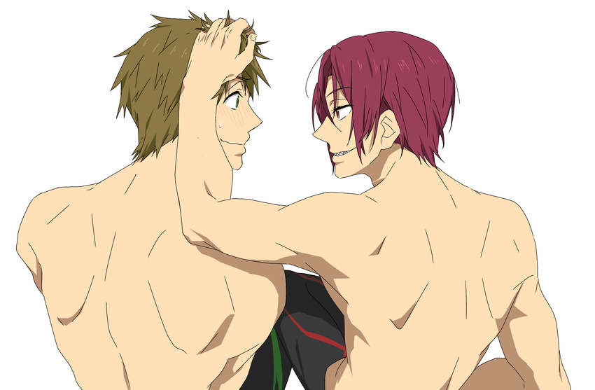 2boys blush brown_hair free! green_eyes ku_(pixiv_19193156) male_focus matsuoka_rin multiple_boys muscle tachibana_makoto topless