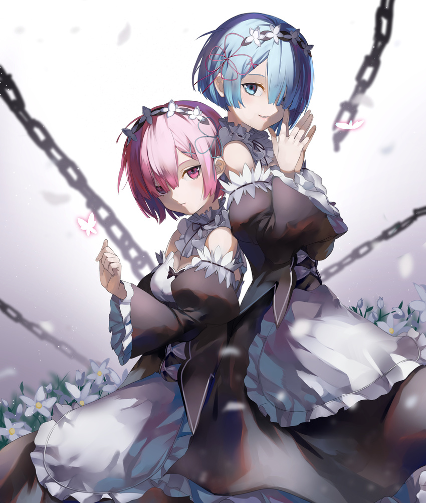 absurdres blue_eyes blue_hair blue_ribbon breasts bug butterfly chain cleavage detached_sleeves eredhen flower hair_ornament hair_over_one_eye hair_ribbon hands_together highres insect looking_at_viewer maid maid_headdress md5_mismatch medium_breasts multiple_girls pink_eyes pink_hair pink_ribbon ram_(re:zero) re:zero_kara_hajimeru_isekai_seikatsu rem_(re:zero) ribbon short_hair siblings sisters smile twins x_hair_ornament