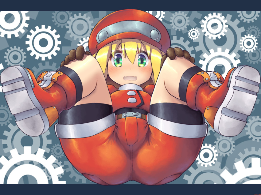 1girl ass bike_shorts bike_shorts_under_shorts blonde_hair blush brown_gloves cabbie_hat cameltoe capcom gloves green_eyes hat highres looking_at_viewer m.m open_mouth red_hat red_shorts rockman rockman_dash roll_caskett shoes shorts solo