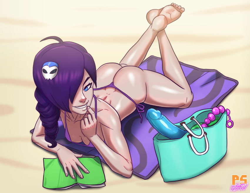 absurdres anal_beads ass asymmetrical_hair back bag barefoot beach beach_towel bikini blue_eyes borrowed_character breasts commentary dildo drill_hair english_commentary feet finger_to_mouth g-string hair_over_one_eye handbag highres jesus_avalos long_hair lying naughty_face nose on_stomach original panties purple_bikini purple_hair side-tie_bikini small_breasts soles solo swimsuit the_pose thong toes towel underwear zone-tan