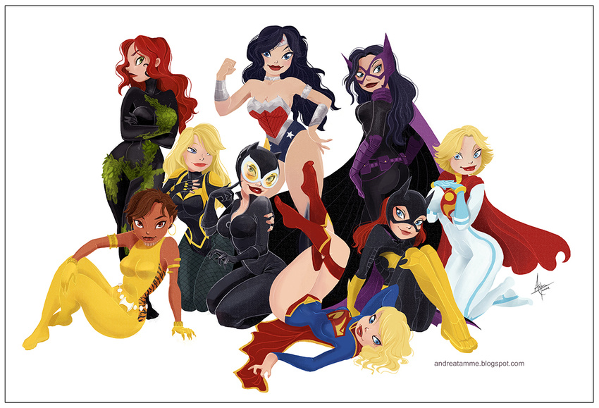 6+girls barbara_gordon batgirl belt black_canary black_hair blonde_hair blue_eyes bodysuit boots brown_eyes cape catwoman crossed_arms dark_skin dc_comics fingerless_gloves gloves goggles green_eyes helena_bertinelli huntress kryptonian leotard mari_jiwe_mccabe mask multiple_girls orange_hair poison_ivy power_girl red_cape red_hair red_shoes selina_kyle supergirl vambraces vixen_(dc) wonder_woman yellow_gloves