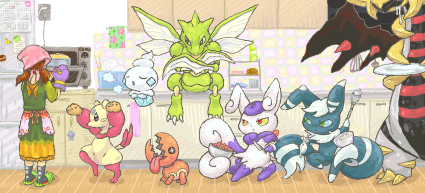 carnivine cooking ekans giratina human legendary_pok&eacute;mon mammal meowstic mienfoo nintendo pok&eacute;mon scyther trapinch vainillite video_games