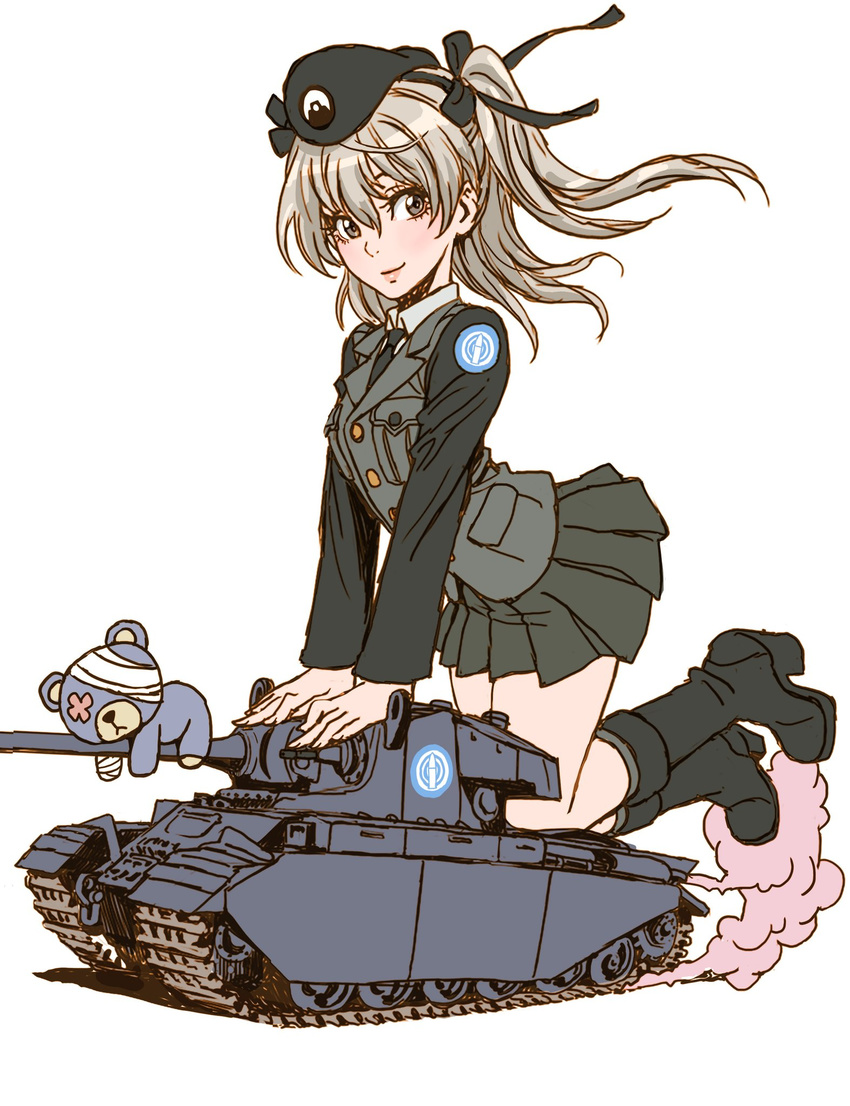 1girl bandage bear beret blush boots centurion_(tank) girls_und_panzer grey_eyes grey_hair hair_ribbon hairband ribbon shimada_arisu side_ponytail simple_background skirt smoke solo stuffed_animal tank tie uniform vest yamashita_shun'ya