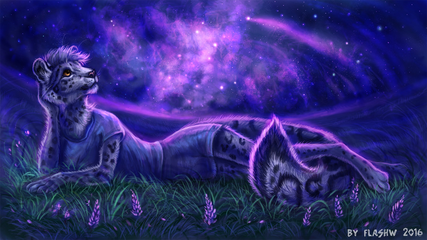 2016 amber_eyes anthro clothed clothing detailed_background feline female flashw fur grass hair hand_behind_head leopard lying mammal night pink_nose sky solo spots spotted_fur star starry_sky white_fur white_hair wide_hips