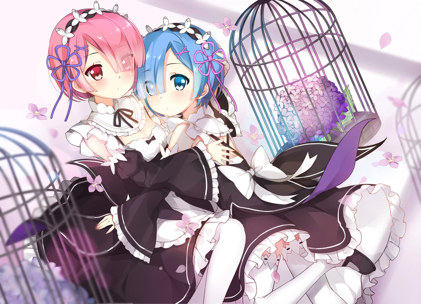 dress maid ram_(re_zero) re_zero_kara_hajimeru_isekai_seikatsu rem_(re_zero) tagme thighhighs