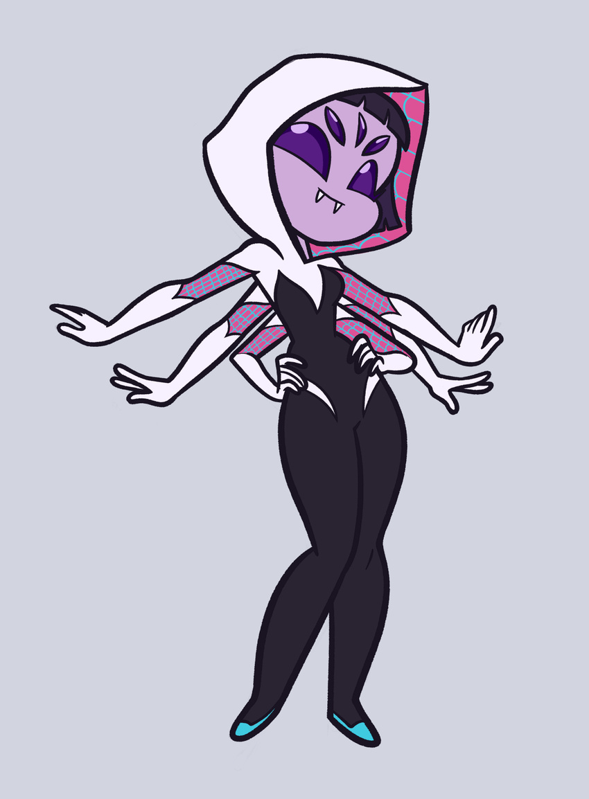 animal_humanoid arthropod black_hair cosplay fangs female hair hands_on_hips hood humanoid khuzang marvel muffet multi_arm multi_eye multi_limb purple_eyes solo spider-gwen spider_humanoid undertale video_games