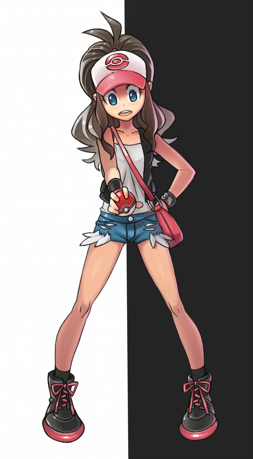 baseball_cap blue_eyes blush brown_hair cutoffs denim denim_shorts exposed_pocket hat highres long_hair pokemon pokemon_(game) pokemon_bw ponytail shinn0512 short_shorts shorts solo touko_(pokemon)