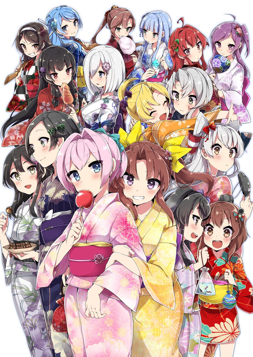 :&lt; :/ :d :t ^_^ ahoge akigumo_(kantai_collection) alternate_costume amatsukaze_(kantai_collection) arashi_(kantai_collection) arm_hug asymmetrical_hair bag bagged_fish bangs black_hair blue_eyes blue_hair blush bow brown_eyes brown_hair candy_apple checkered checkered_kimono closed_eyes closed_mouth cotton_candy eyebrows_visible_through_hair fan fish flipped_hair floral_print flower food gradient_hair grey_hair grin gun hagikaze_(kantai_collection) hair_between_eyes hair_bow hair_flower hair_intakes hair_ornament hair_over_one_eye hair_ribbon hairband hamakaze_(kantai_collection) hatsukaze_(kantai_collection) head_tilt headgear highres holding holding_arm holding_fan holding_food holding_gun holding_spoon holding_weapon ikayaki index_finger_raised isokaze_(kantai_collection) japanese_clothes kagerou_(kantai_collection) kantai_collection kanzashi kimono kinchaku kuroshio_(kantai_collection) long_hair long_sleeves looking_at_another looking_at_viewer maikaze_(kantai_collection) multicolored_hair multiple_girls nowaki_(kantai_collection) obi one_side_up open_mouth orange_eyes outstretched_arm oyashio_(kantai_collection) parted_lips pink_hair plastic_bag ponytail pouch profile purple_bow purple_eyes purple_hair red_bow red_eyes ribbon rifle sash shaved_ice shiranui_(kantai_collection) short_ponytail sideways_mouth smile spoon standing summer_festival swept_bangs takeshima_(nia) takoyaki tanikaze_(kantai_collection) tokitsukaze_(kantai_collection) tress_ribbon twintails urakaze_(kantai_collection) v-shaped_eyebrows water water_yoyo weapon white_background yellow_ribbon yukata yukikaze_(kantai_collection)