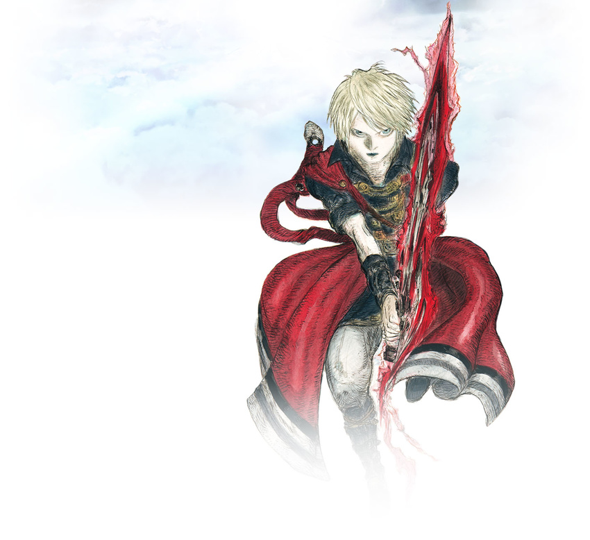 amano_yoshitaka blonde_hair blue_eyes boots cloud final_fantasy final_fantasy_brave_exvius highres male_focus official_art rain_(ff_be) simple_background solo sword weapon white_background