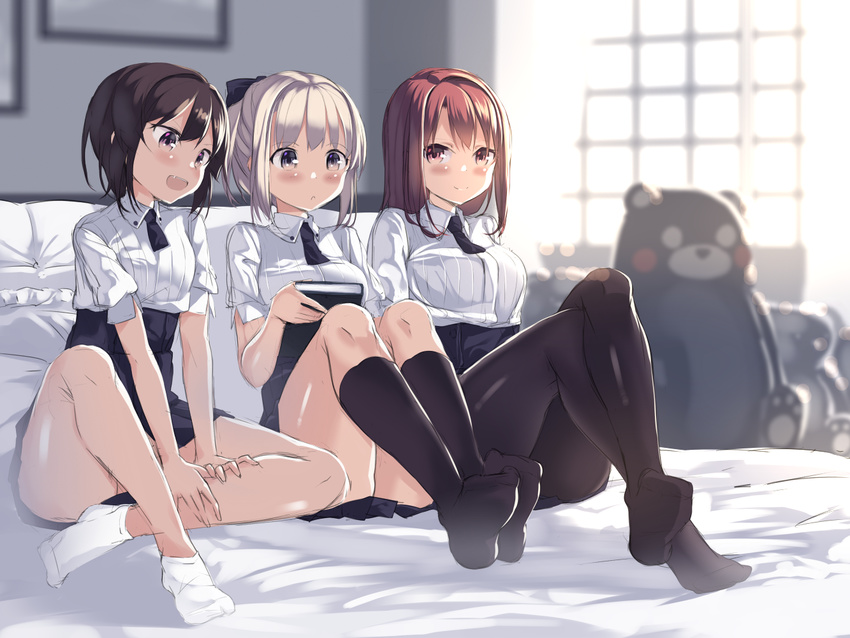 bed black_hair black_legwear blonde_hair blush book brown_eyes brown_hair garnet kneehighs looking_down multiple_girls open_mouth original pantyhose pillow sitting skirt smile socks stuffed_animal stuffed_toy teddy_bear white_legwear window