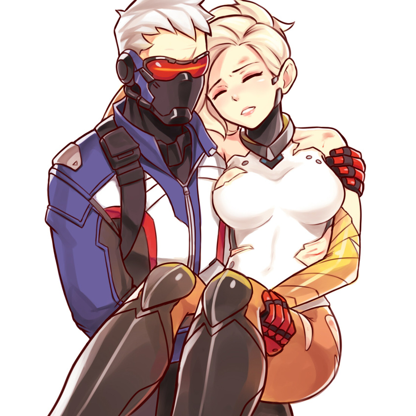 1girl bare_shoulders blonde_hair blush bodysuit breasts carrying closed_eyes collarbone face_mask facial_mark gloves high_ponytail injury jacket large_breasts lips mask mechanical_halo mercy_(overwatch) no_wings overwatch pantyhose parted_lips princess_carry short_hair sieyarelow simple_background soldier:_76_(overwatch) torn_clothes visor white_background white_hair wince