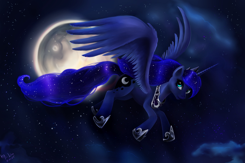 2015 absurd_res blue_feathers blue_fur blue_hair cloud cosmic_hair crown cutie_mark das-leben equine feathered_wings feathers female feral flying friendship_is_magic fur hair hi_res horn jewelry looking_at_viewer mammal moon my_little_pony necklace night princess_luna_(mlp) sky solo spread_wings star winged_unicorn wings