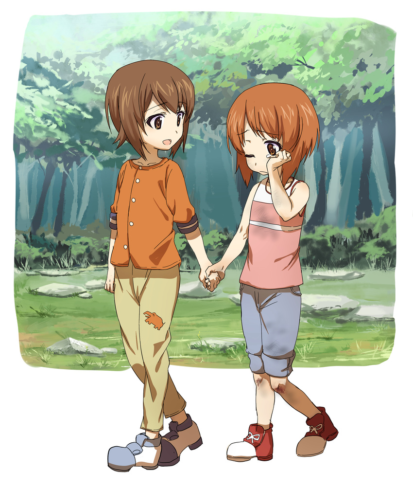 absurdres ashiwara_yuu brown_eyes brown_hair bruise commentary day dirty_clothes frown full_body girls_und_panzer highres holding_hands injury looking_at_another multiple_girls nishizumi_maho nishizumi_miho one_eye_closed outdoors pants pants_rolled_up shoes short_hair siblings sisters smile standing tank_top tearing_up walking younger