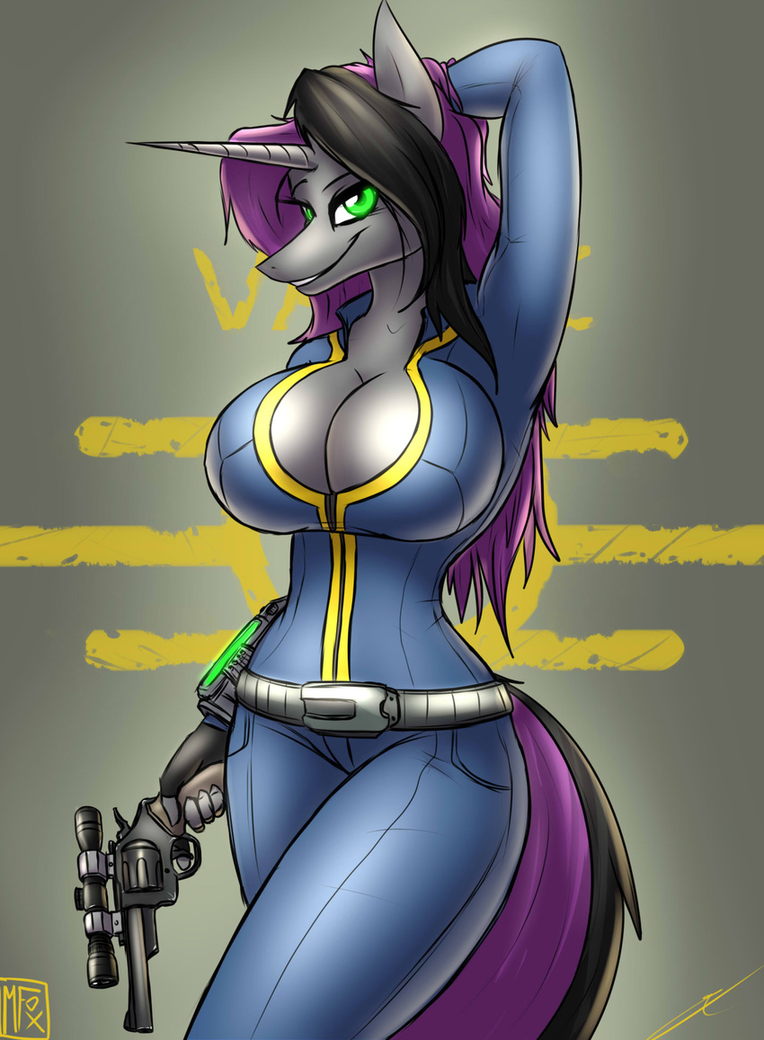 2015 anthro aura_spark black_hair breasts cleavage clothed clothing equine fallout glowing glowing_eyes green_eyes gun hair handgun horn mammal metalfoxxx overalls purple_hair ranged_weapon revolver solo unicorn video_games weapon