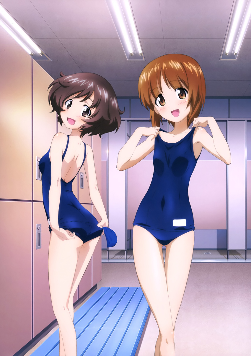 :d absurdres adjusting_clothes adjusting_swimsuit akiyama_yukari ass ass_visible_through_thighs blue_swimsuit blush body_blush breasts brown_eyes brown_hair collarbone eyebrows eyebrows_visible_through_hair fluorescent_lamp girls_und_panzer head_tilt highres indoors locker multiple_girls nishizumi_miho official_art one-piece_swimsuit open_mouth short_hair small_breasts smile standing strap_lift sugimoto_isao swim_cap swim_cap_removed swimsuit thigh_gap yoshida_nobuyoshi