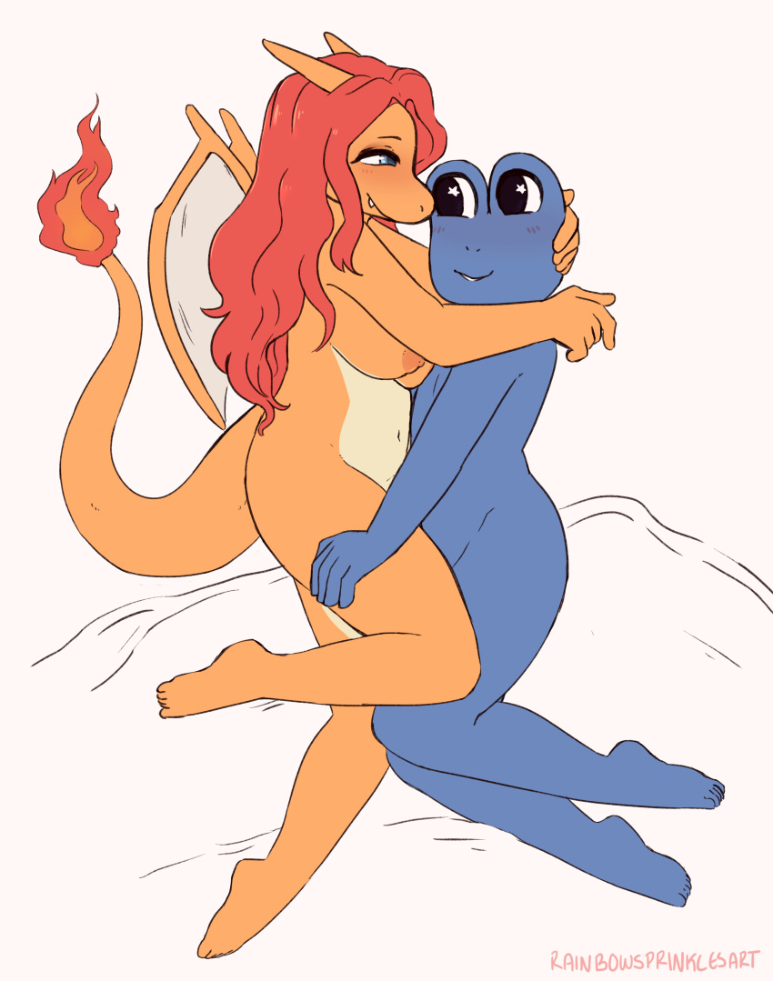 5_fingers 5_toes ambiguous_gender amphibian anthro anthro_on_anthro big_breasts blue_skin breasts chari_(charizard) charizard cuddling duo feet female female/ambiguous frog froggo_(bandleader) hair humanoid_feet humanoid_hands membranous_wings navel nintendo nipples nude orange_skin pok&eacute;mon pok&eacute;mon_(species) pok&eacute;morph rainbowsprinklesart red_hair rhythm_heaven romantic_couple scalie simple_background toes video_games white_background wings