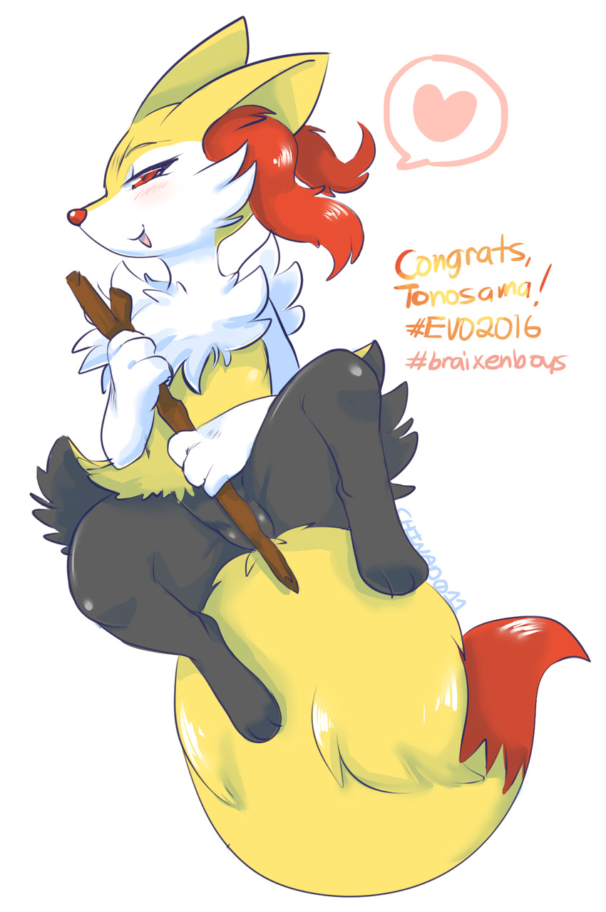 blush braixen chinad011 covering covering_crotch evolution_championship_series fox_ears fox_tail furry gen_6_pokemon groin highres long_tail lying naughty_face no_humans on_back open_mouth partially_visible_vulva paws pokemon pokemon_(creature) pokemon_(game) pokemon_xy red_eyes smile solo spread_legs stick tail