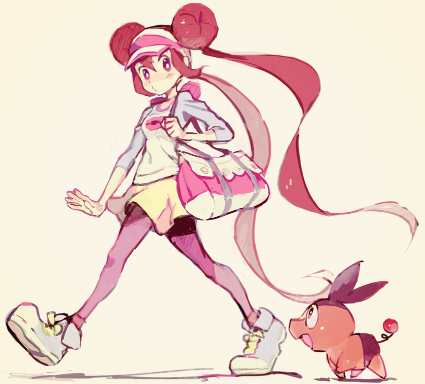 bad_id bad_pixiv_id bag blush double_bun gen_5_pokemon handbag highres irima_(doron) legwear_under_shorts long_hair mei_(pokemon) pantyhose pantyhose_under_shorts pokemon pokemon_(creature) pokemon_(game) pokemon_bw2 raglan_sleeves shoes short_shorts shorts simple_background sneakers tepig twintails very_long_hair visor_cap walking yellow_shorts