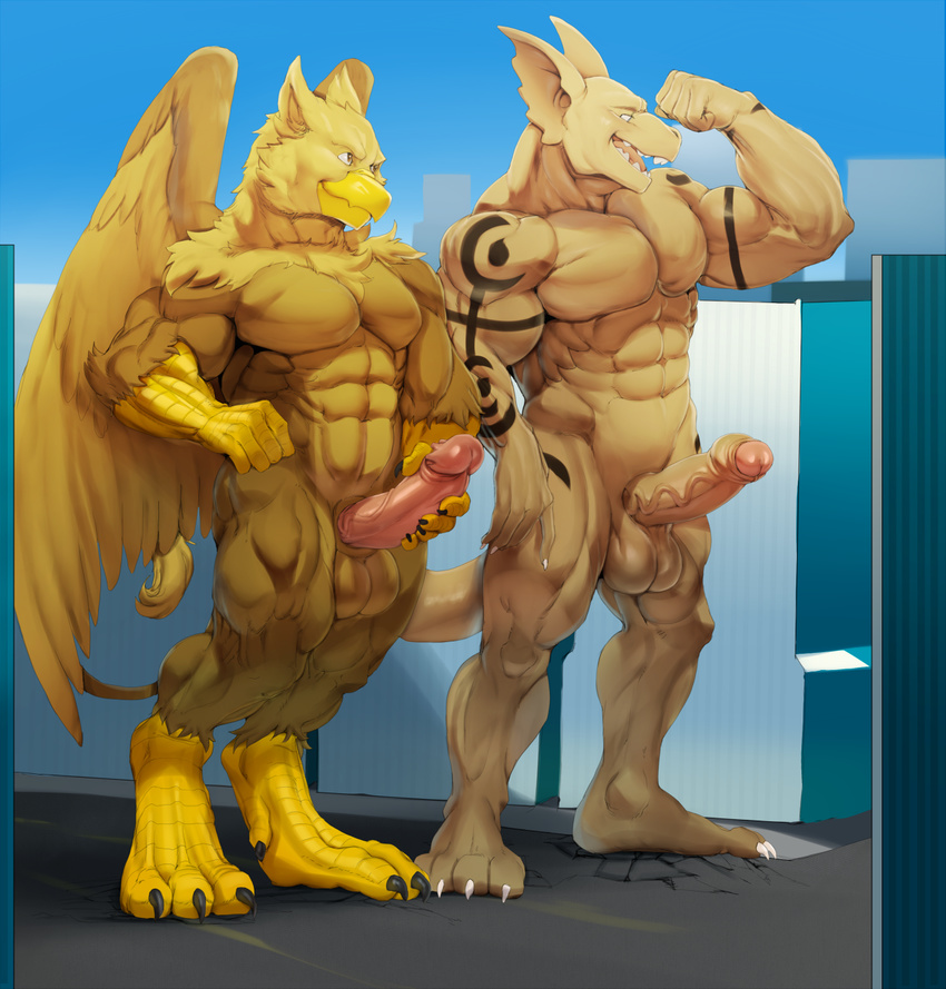 3_toes 4_toes abs animal_genitalia anthro avian balls barefoot beak belly biceps big_biceps big_penis bird bottomless brown_eyes claws clothed clothing erection flexing fur hand_on_penis hi_res humanoid_penis justmegabenewell male manly markings mature_male muscular muscular_male nipples nude open_mouth partially_retracted_foreskin pecs penis pose side_view simple_background size_difference smile solo standing symbol teeth toes tongue topless uncut vein veiny_penis white_eyes wings