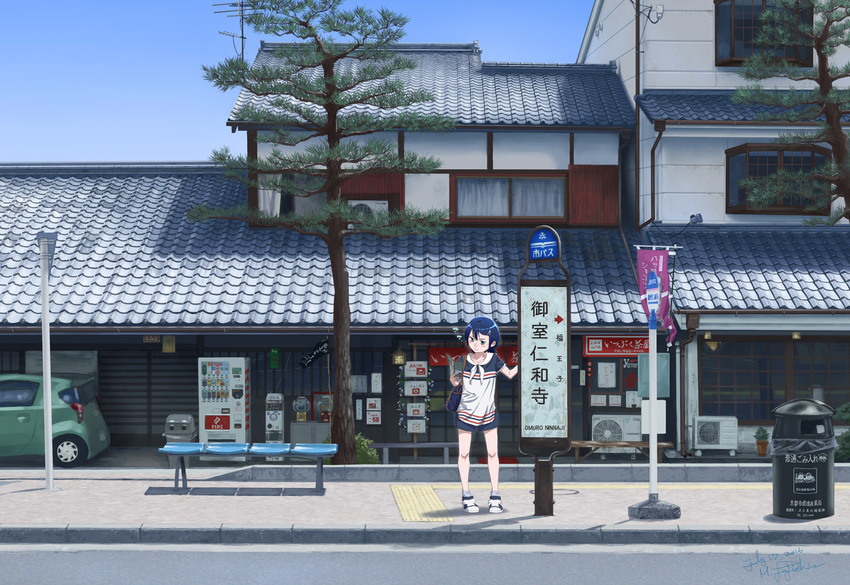 ?? bad_id bad_pixiv_id bag bench blue_eyes blue_hair blue_shorts blush bus_stop car closed_mouth directional_arrow ground_vehicle hair_ornament hairclip holding house kyoto map motor_vehicle neckerchief original outdoors ramii real_world_location sailor_collar scenery seat shirt short_hair short_sleeves shorts signpost silhouette solo standing striped striped_shirt tactile_paving trash_can vending_machine