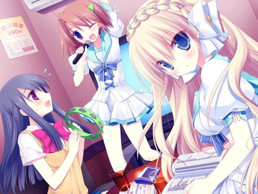 3girls black_hair blonde_hair blue_eyes book braid copyright_request dutch_angle glass hair_bow hair_ornament instrument karaoke long_hair looking_at_viewer microphone multiple_girls open_mouth red_hair room school_uniform short_hair skirt tambourine tv violet_eyes wink