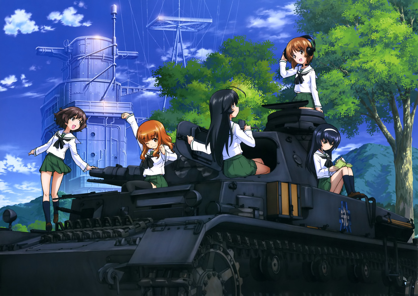 :d absurdres ahoge aircraft_carrier akiyama_yukari arm_up black_eyes black_legwear book brown_eyes brown_footwear brown_hair clenched_hands collarbone day emblem girls_und_panzer green_skirt ground_vehicle hairband head_tilt headphones highres holding holding_book huge_ahoge isuzu_hana kneehighs loafers long_hair long_sleeves looking_at_another military military_vehicle motor_vehicle multiple_girls neckerchief nishizumi_miho official_art ooarai_(emblem) ooarai_school_uniform open_book open_mouth outdoors pleated_skirt reizei_mako school_uniform serafuku ship shirt shoes short_hair sitting skirt smile standing sugimoto_isao takebe_saori tank thighhighs throat_microphone translation_request tree very_long_hair warship watercraft white_shirt zuikaku_(girls_und_panzer)