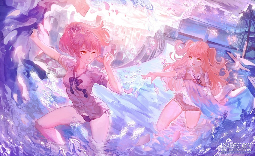 black_panties blonde_hair cherry_blossoms green_eyes hair_ornament idolmaster idolmaster_cinderella_girls jougasaki_mika jougasaki_rika long_hair looking_at_viewer multiple_girls one_eye_closed open_mouth panties pink_hair red_eyes shirt side-tie_panties underwear usanekorin wading water wet wet_clothes wet_shirt white_shirt