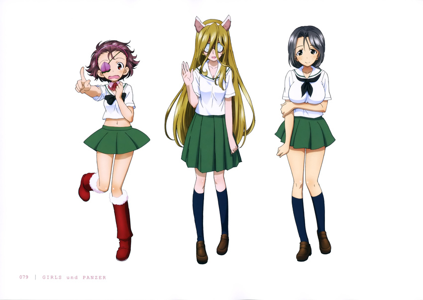 absurdres black_eyes black_hair boots breasts brown_hair cleavage collarbone copyright_name eyepatch freckles girls_und_panzer glasses green_skirt hair_between_eyes hair_pulled_back hairband highres index_finger_raised long_hair looking_at_viewer midriff momogaa multiple_girls navel nekonyaa official_art ooarai_school_uniform pink_hairband piyotan pleated_skirt pointing red_eyes red_footwear santa_boots school_uniform shirt simple_background skirt small_breasts smile wavy_mouth white_background white_shirt