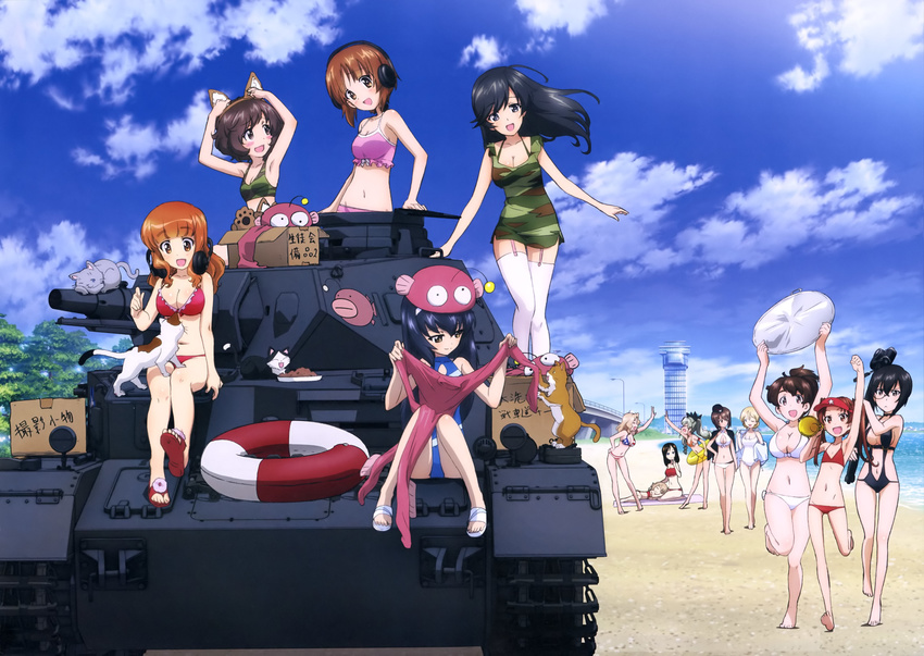 :d ;d absurdres ahoge akiyama_yukari anchovy anglerfish animal_ears arm_support armband armpits arms_up bangs barefoot beach bikini black_bikini black_hair black_ribbon blonde_hair blue_swimsuit blush blush_stickers body_blush box breasts brown_eyes brown_hair building camera camouflage camouflage_bikini cardboard_box cat cat_ears cat_food cleavage clenched_hand closed_mouth cloud collarbone costume criss-cross_halter darjeeling day drill_hair emblem eyebrows eyebrows_visible_through_hair fake_animal_ears flat_chest flower frilled_bikini frilled_swimsuit frills garrison_cap garter_straps girls_und_panzer green_hair ground_vehicle hair_between_eyes hair_ribbon halter_top halterneck hand_on_hip hat head_tilt headphones headphones_around_neck highres holding huge_ahoge innertube isuzu_hana jitome kadotani_anzu katyusha kawashima_momo kay_(girls_und_panzer) koyama_yuzu lamppost lap_pillow leaning_forward lifebuoy long_hair looking_at_another lying megaphone military military_vehicle monocle motor_vehicle multiple_girls navel nishizumi_maho nishizumi_miho nonna official_art on_side on_stomach one-piece_swimsuit one_eye_closed open_mouth orange_bikini outdoors outstretched_arm panzerkampfwagen_iv pink_bikini pink_swimsuit plate ponytail profile railing red_bikini red_swimsuit reizei_mako ribbon sandals seiza short_hair siblings sideways_mouth sisters sitting sky slingshot_swimsuit smile standing sugimoto_isao swept_bangs swimsuit takebe_saori tank thighhighs throat_microphone towel translation_request tree tripod twin_drills twintails very_long_hair visor_cap walking water white_bikini white_legwear white_swimsuit wind