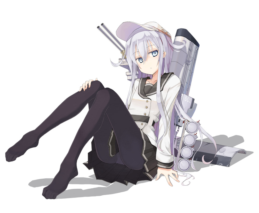 arm_at_side ass bangs belt black_legwear black_skirt blouse blue_eyes buttons cannon closed_mouth collarbone eyebrows eyebrows_visible_through_hair flat_cap flat_chest full_body hair_between_eyes hammer_and_sickle hand_on_own_thigh hat hibiki_(kantai_collection) kantai_collection knees_together_feet_apart knees_up leg_up long_hair long_sleeves looking_at_viewer machinery miniskirt mochiki no_shoes panties panties_under_pantyhose pantyhose pleated_skirt school_uniform serafuku shadow silver_hair simple_background skirt solo star turret underwear verniy_(kantai_collection) very_long_hair white_background white_blouse white_hat
