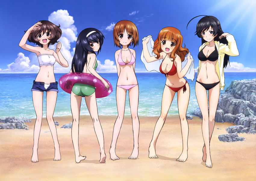 :d absurdres ahoge akiyama_yukari arm_up arms_behind_back ass barefoot beach bikini black_bikini black_hair blue_shorts blush body_blush breasts brown_eyes brown_hair cleavage clenched_hand cloud collarbone day eyebrows eyebrows_visible_through_hair full_body girls_und_panzer green_swimsuit hairband halterneck head_tilt highres holding hood hooded_jacket huge_ahoge innertube isuzu_hana jacket leaning_forward long_hair long_sleeves looking_at_viewer looking_back medium_breasts multiple_girls navel nishizumi_miho official_art open_clothes open_jacket open_mouth outdoors pink_bikini red_bikini reizei_mako rock short_hair short_shorts shorts sky small_breasts smile standing sugimoto_isao sunlight swimsuit takebe_saori towel unbuttoned very_long_hair water white_swimsuit