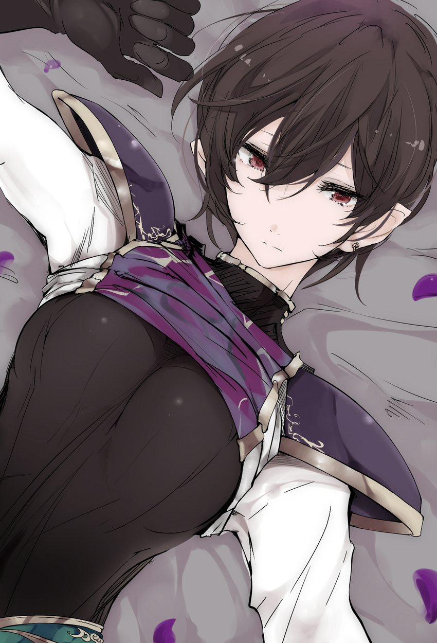 :| bed_sheet black_gloves black_hair breasts closed_mouth earrings gloves hair_between_eyes highres jewelry lying on_back original petals red_eyes shirt_lift short_hair shoulder_pads small_breasts solo touma_kisa undershirt upper_body