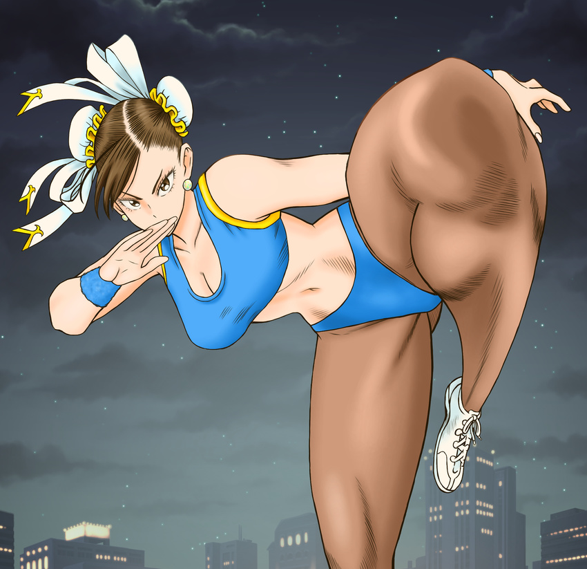 1girl bare_shoulders breasts capcom chun-li city clouds curvy female gym_clothes kicking large_breasts legs looking_at_viewer night sky street_fighter