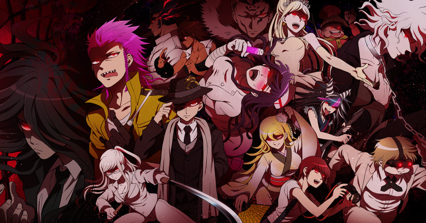 6+girls absurdres black_hair blonde_hair blue_hair blush breasts brown_hair camera cleavage danganronpa danganronpa_3 dark_persona dress dual_wielding elbow_gloves eyepatch fan fedora folding_fan formal gloves hanamura_teruteru hat highres holding japanese_clothes kamukura_izuru katana kimono koizumi_mahiru komaeda_nagito kuzuryuu_fuyuhiko large_breasts long_hair medium_breasts mitsumame0810 multiple_boys multiple_girls nidai_nekomaru nurse one_eye_closed owari_akane pekoyama_peko pink_hair ponytail purple_hair red_eyes red_hair saionji_hiyoko scarf short_hair side_ponytail smile sonia_nevermind souda_kazuichi spoilers suit sword syringe tan tanaka_gandamu togami_byakuya_(super_danganronpa_2) tongue tongue_out tsumiki_mikan weapon