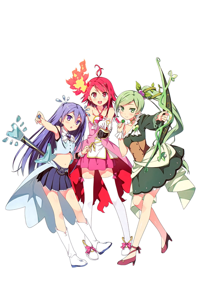 :d antenna_hair asagi_asuka asymmetrical_clothes bare_shoulders blue_eyes blue_hair boots bow_(weapon) brooch criss-cross_halter fire full_body gloves green_eyes green_hair guitar halter_top halterneck high_heels highres holding instrument jewelry kantoku long_hair magical_girl magical_suite_prism_nana midriff multiple_girls navel open_mouth oribe_kotone outstretched_arm pleated_skirt ponytail red_eyes red_hair scan shoes simple_background skirt smile thighhighs washioka_itaru weapon white_background white_footwear white_legwear zettai_ryouiki