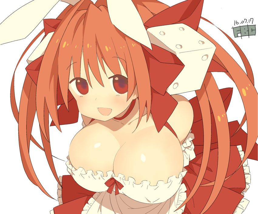 animal_ears bare_shoulders blush bow breasts bunny_ears cleavage di_gi_charat dice dice_hair_ornament dress fbc hair_bow hair_ornament large_breasts long_hair looking_at_viewer pink_eyes pink_hair red_eyes ribbon smile solo twintails usada_hikaru