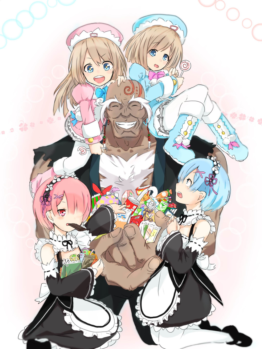 4girls absurdres candy commentary_request crossover food headdress highres maid moririn multiple_girls namesake neptune_(series) old_man pink_hair ram_(choujigen_game_neptune) ram_(re:zero) re:zero_kara_hajimeru_isekai_seikatsu rem_(re:zero) rom_(choujigen_game_neptune) rom_(re:zero) short_hair siblings sisters snack twins white_legwear