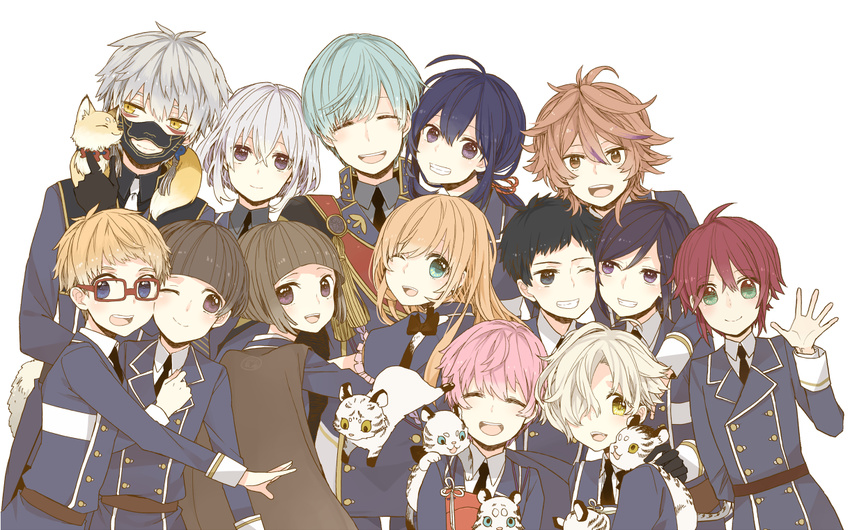 ;d ^_^ ahoge akita_toushirou aqua_hair armor atsushi_toushirou bad_id bad_pixiv_id black_gloves black_hair blonde_hair blue_eyes brown_eyes brown_hair closed_eyes fox glasses gloves gokotai gokotai's_tigers gotou_toushirou green_eyes grin hakata_toushirou hirano_toushirou honebami_toushirou ichigo_hitofuri japanese_armor maeda_toushirou male_focus menpoo midare_toushirou military military_uniform multiple_boys nakigitsune nakigitsune's_fox namazuo_toushirou necktie one_eye_closed open_mouth pink_hair purple_eyes red-framed_eyewear red_hair sayu030b shinano_toushirou smile tiger tiger_cub touken_ranbu uniform white_hair white_tiger yagen_toushirou yellow_eyes