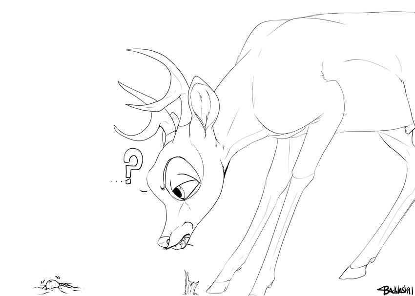 ? animal_genitalia antlers backlash91 balls bambi bambi_(film) black_and_white cervine conditional_dnp confusion deer digital_drawing_(artwork) digital_media_(artwork) disembodied_penis disney duo eating feral frown fully_sheathed hooves horn line_art male mammal monochrome motion_lines penis penis_tip quadruped sheath signature solo_focus stare