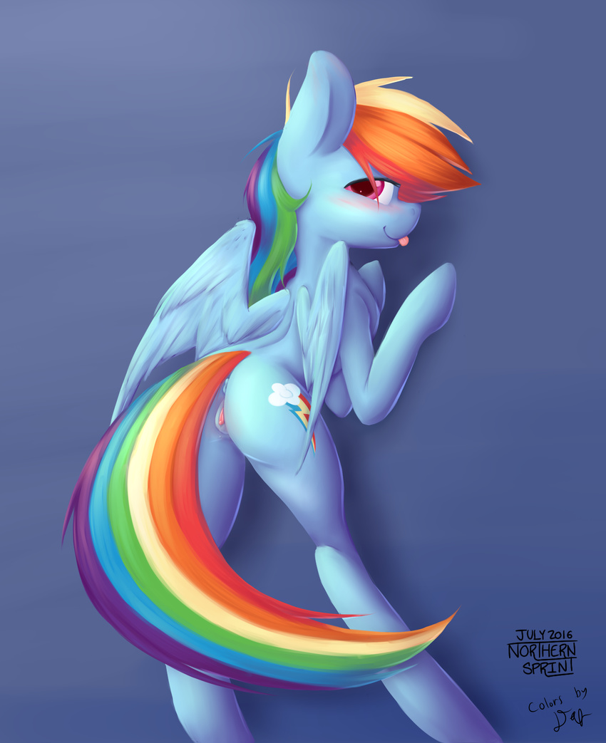 anus butt clitoris cutie_mark equine female friendship_is_magic hair looking_back mammal multicolored_hair my_little_pony northernsprint pegasus pussy pussy_juice rainbow_dash_(mlp) smile solo tongue tongue_out wings