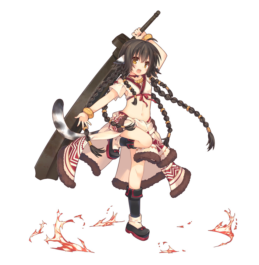 :d absurdres ahoge animal_ears anju_(utawarerumono) arms_up bangle bare_arms bare_legs black_footwear blush boots bracelet braid breasts brown_hair clothes_around_waist commentary_request eyebrows eyebrows_visible_through_hair eyelashes fire full_body fur_trim highres holding holding_sword holding_weapon jacket_around_waist jewelry jiang-ge leg_up long_hair looking_at_viewer midriff multiple_braids navel necklace open_mouth panties red_ribbon ribbon short_sleeves side-tie_panties small_breasts smile solo standing standing_on_one_leg sword tail traditional_clothes transparent_background underwear utawareru_mono utawareru_mono:_itsuwari_no_kamen very_long_hair weapon white_coat yellow_eyes