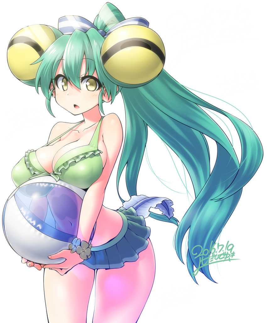 2016 aqua_hair ball beachball bikini bow breasts cleavage covered_nipples dated extra_eyes gradient_hair green_hair hair_bow highres jacqueline_(show_by_rock!!) large_breasts long_hair looking_at_viewer multicolored_hair navel ponytail show_by_rock!! simple_background solo strap_gap swimsuit tadpole_tail transparent very_long_hair white_background yellow_eyes yoshida_hideyuki