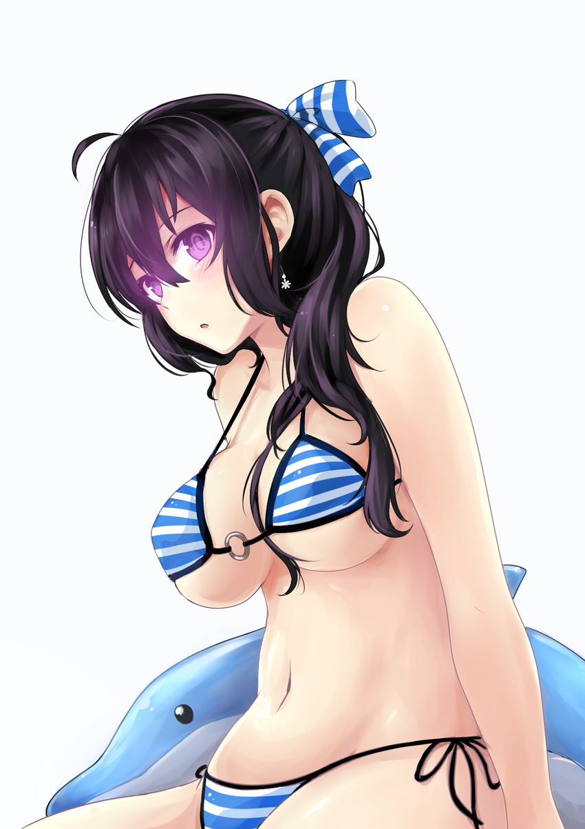 arms_at_sides bare_arms beifeng_han bikini black_hair blue_bikini bow breasts dolphin glowing glowing_eyes hair_between_eyes hair_bow highres inflatable_dolphin inflatable_toy large_breasts long_hair looking_at_viewer miyaura_sanshio navel o-ring o-ring_top original purple_eyes revision ribbon side-tie_bikini simple_background sitting solo stomach striped striped_bikini striped_ribbon swimsuit underboob